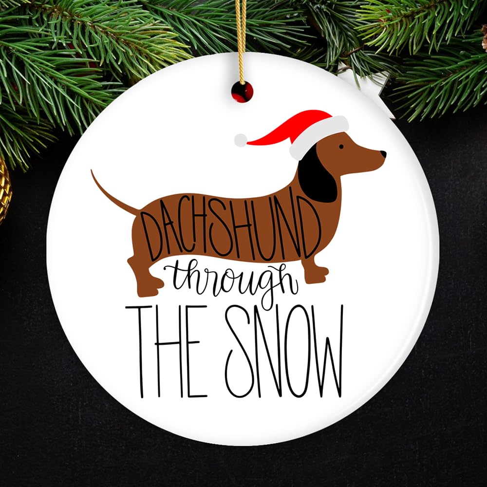 OrnamentallyYou Dog Themed Christmas Ornaments (Dachshund Through The Snow Ornament, Funny Dog Cute (Circle))