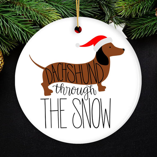 OrnamentallyYou Dog Themed Christmas Ornaments (Dachshund Through The Snow Ornament, Funny Dog Cute (Circle))