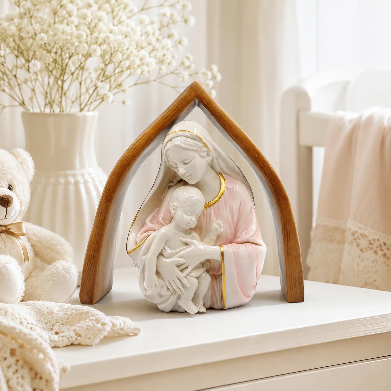 Comfy Hour 10 Inch Mary Statue, Madonna and Child, Wooden-Look Arch