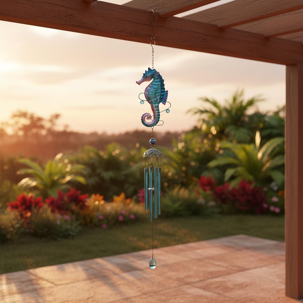 Comfy Hour Farmhouse Home Decor Collection Metal Art 35" Seahorse Ocean Wild Animal Windchime Hanging Windbell Blue