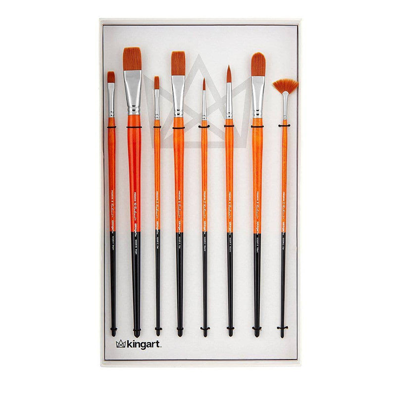 KINGART Premium Radiant, Golden Taklon Long Handle Brushes | Set of 8