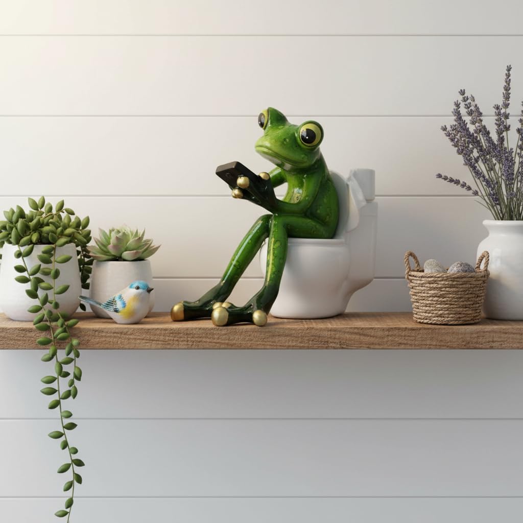 Comfy Hour Farmhouse Home Decor Collection Resin 5" Frog On Close Stool Desktop Decoration, Polyresin