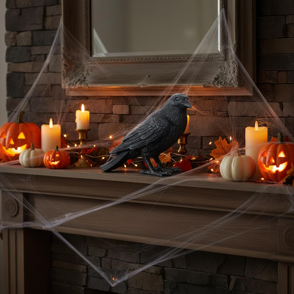 Comfy Hour Fairyland Collection 7" Black Feather Standing Crow Bird Halloween Decorative Figurine, Black, Polyresin