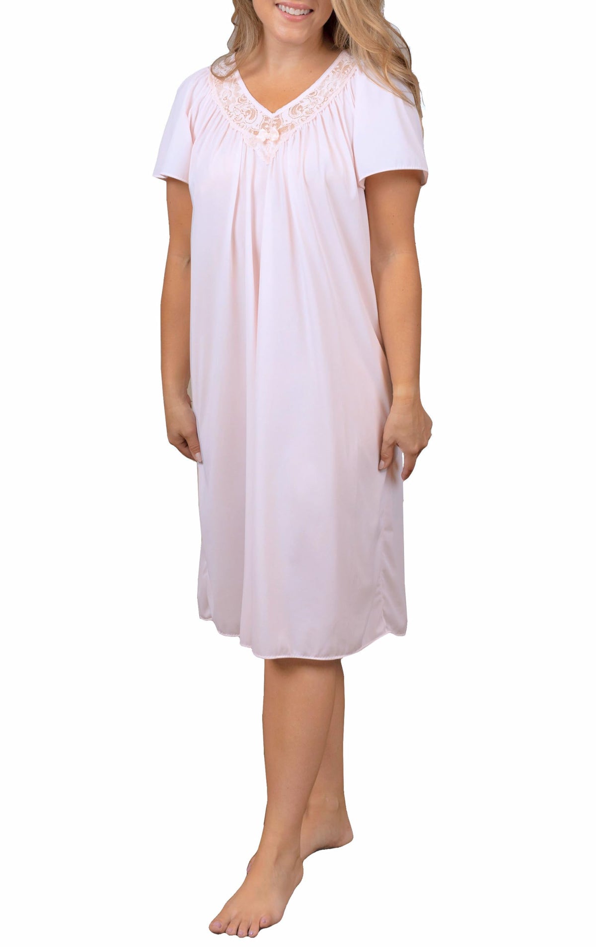 Shadowline Women's V-Neck Short Nightgown-Pink-Small