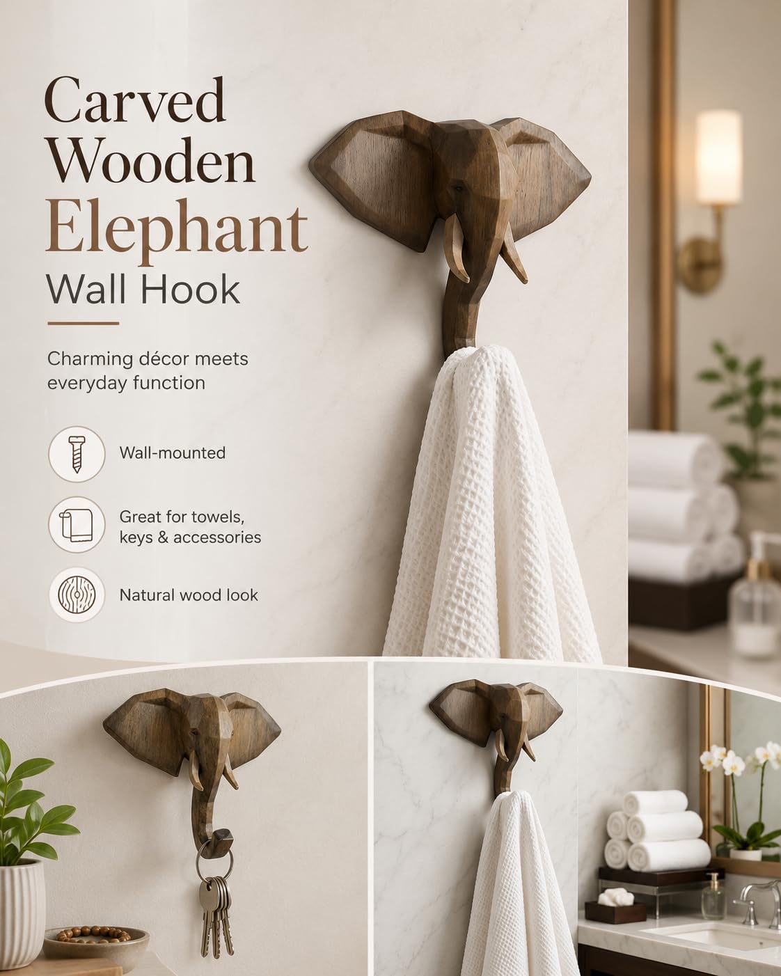 Comfy Hour 7" Elephant Single Coat Hook Clothes Rack Decorative Wall Hanger, Brown