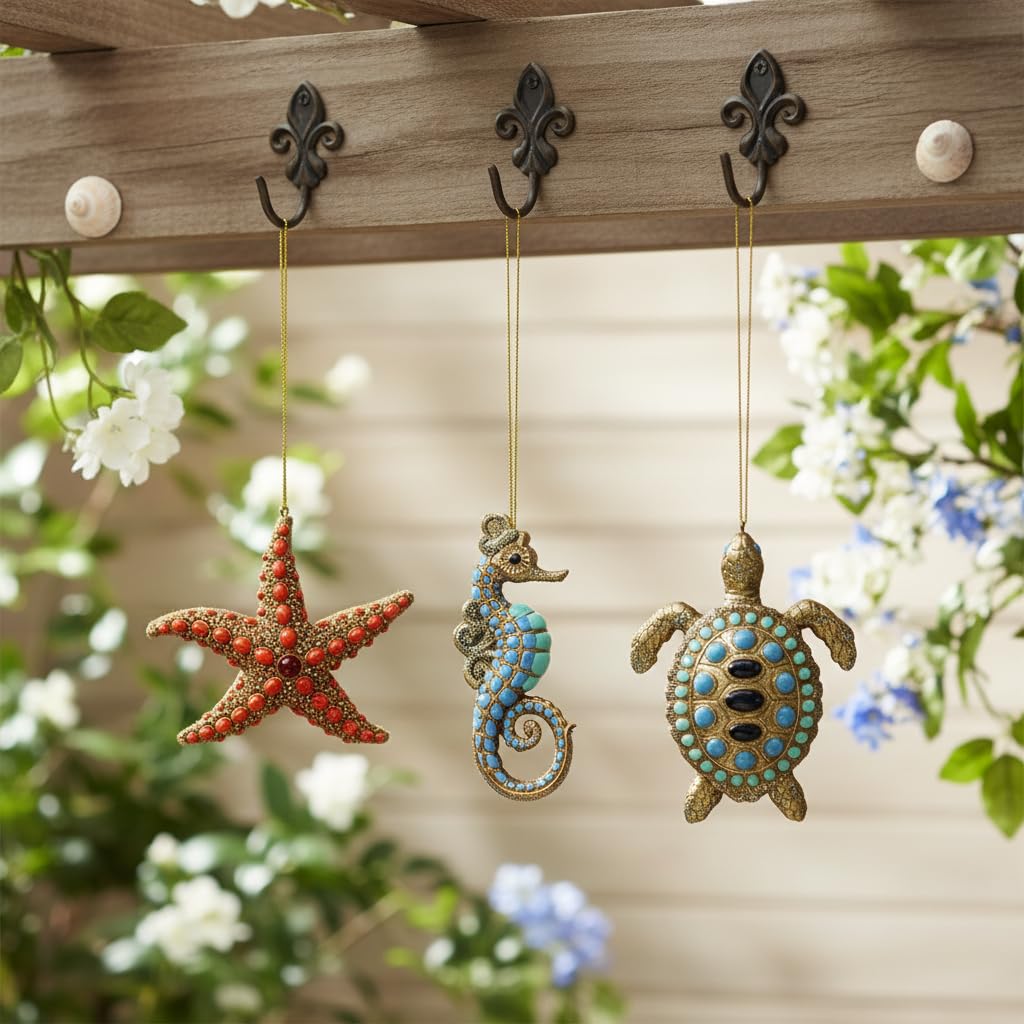 Comfy Hour Under The Sea Collection Set of 3 Resin Ocean Wild Animal Seahorse Starfish Turtle Christmas Tree Ornaments