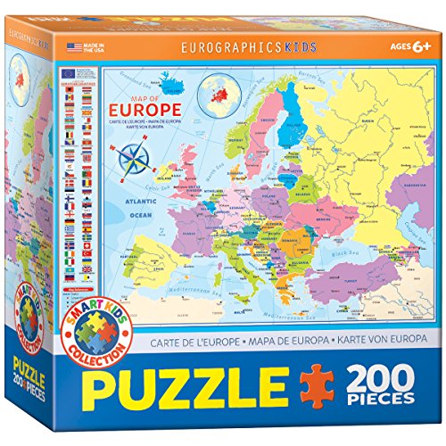 Eurographics Map of Europe 200-Piece Jigsaw Puzzle, 19" Height Finished Size, Blue Board with Durable Easy-Fit Pieces, Made in USA Educational Geography Puzzle