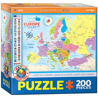 Eurographics Map of Europe 200-Piece Jigsaw Puzzle, 19" Height Finished Size, Blue Board with Durable Easy-Fit Pieces, Made in USA Educational Geography Puzzle