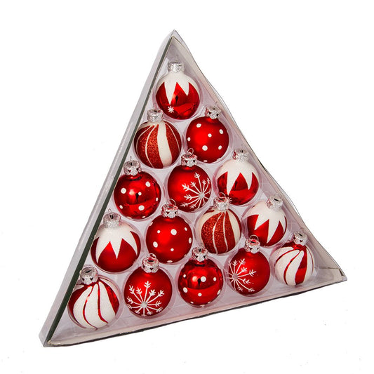 Kurt Adler 1.57-Inch Red/White Decorated Glass Ball Ornament set of 15