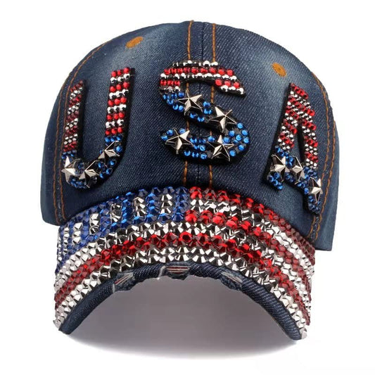 Natalie Mills Bling Patriotic Hat Bling Baseball Hat! Baseball Cap! Women's Baseball Hat! Rhinestone Hat! (USA Dark Denim)