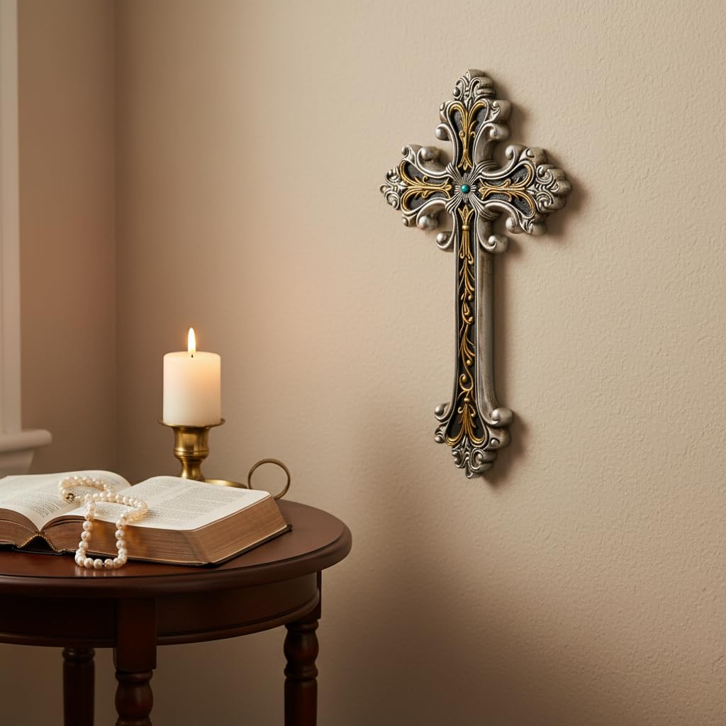 Comfy Hour Wall Art, 7.1"L x 1"W, Antique Silver and Gold with Turquoise-Colored