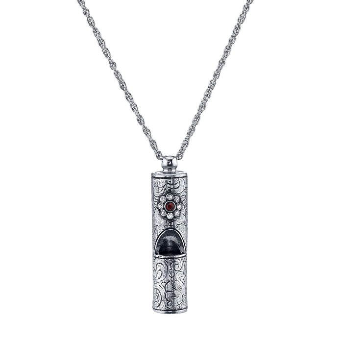 1928 Jewelry Vintage Inspired Silver Tone Pewter Whistle Pendant Necklace With Crystal Flower 28" (Red)