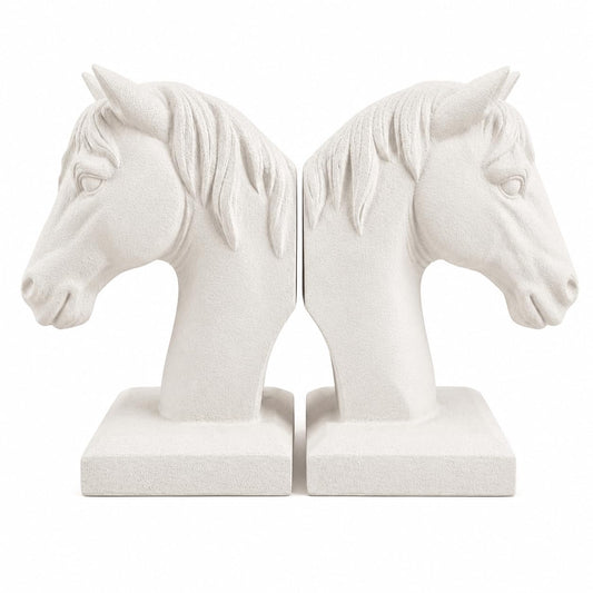 Comfy Hour Farmhouse Home Decor Collection 5" Length 7" Height Set 2 Horse Head Bookends Art Bookend, 1 Pair, Antique Style, Heavy Weight, White, Polyresin