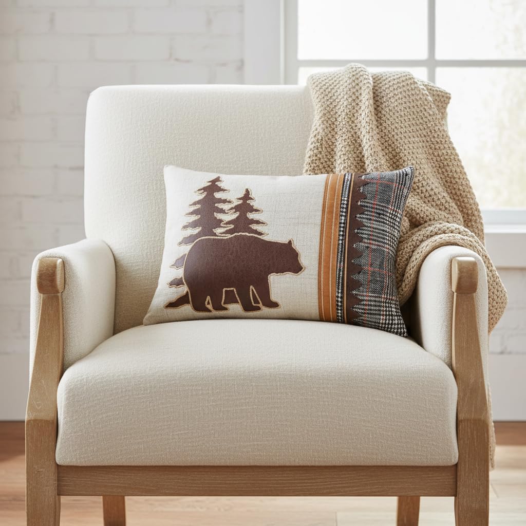 Comfy Hour 18 x 13 Inch Bear Pillow, Plaid Cabin Lumbar Throw Pillow