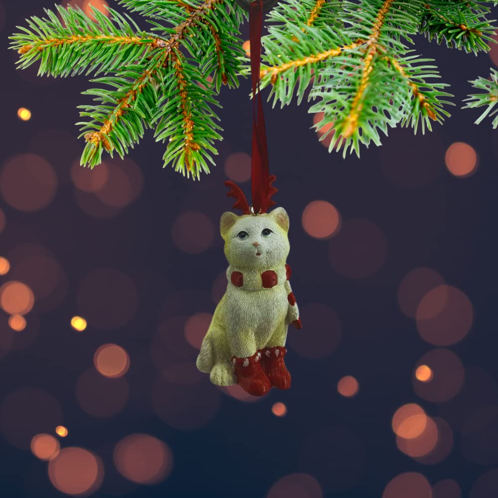 Comfy Hour Winter Holiday Home Collection Cat Wearing Scarf Reindeer Antler Headwear X'Mas Shoes Christmas Tree Ornament, Xmas Decoration, Red and Light Yellow, Polyresin