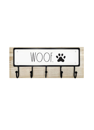 Rae Dunn Dog Leash Holder for Wall - Cute Dog Leash Hook Holder and Wall Mount Hanger Organizer for Pet Items, Keys, Collar and Leashes - Pet Themed Messages with Paw Print - Light Wood