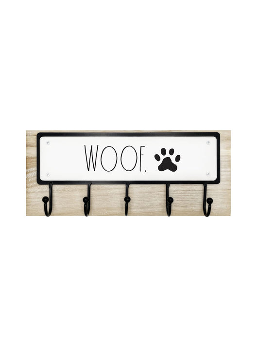 Rae Dunn Dog Leash Holder for Wall - Cute Dog Leash Hook Holder and Wall Mount Hanger Organizer for Pet Items, Keys, Collar and Leashes - Pet Themed Messages with Paw Print - Light Wood