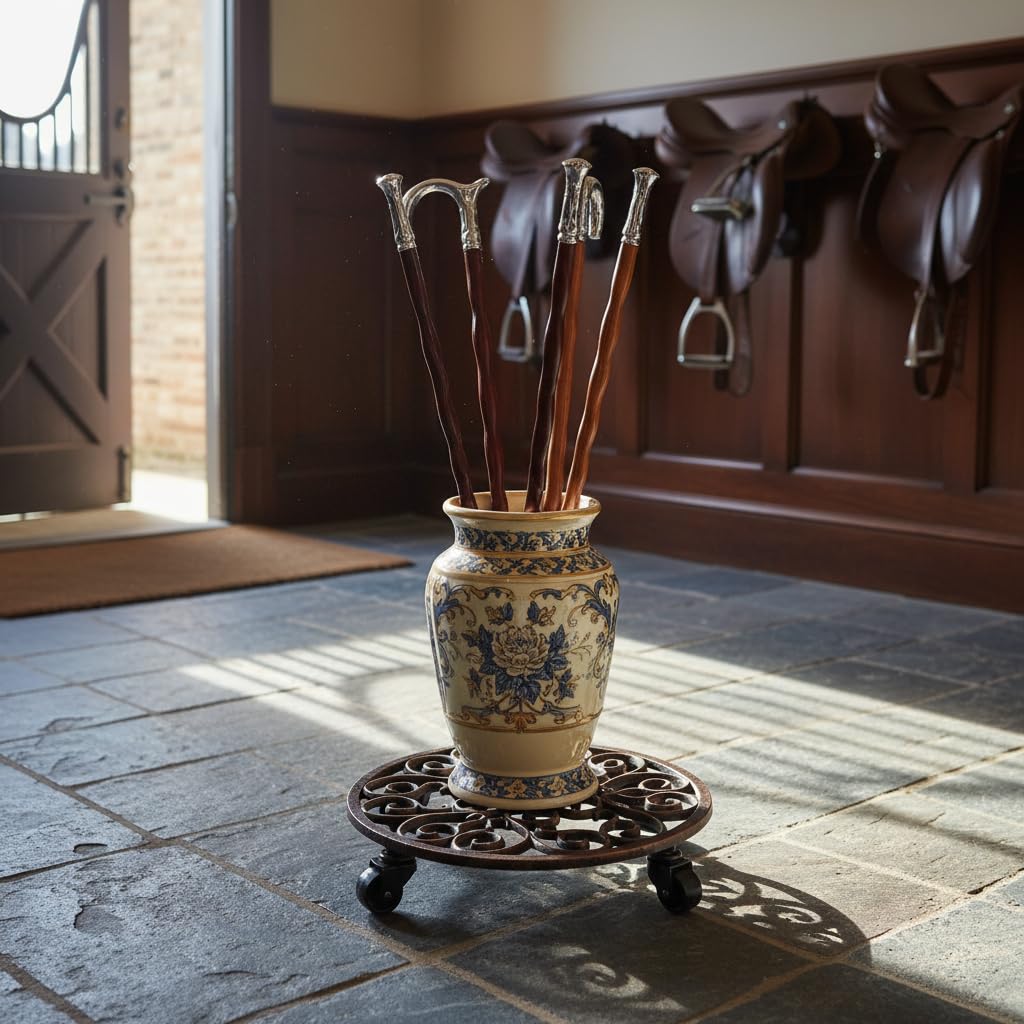 Comfy Hour 12 Inch Cast Iron Plant Caddy with Wheels, Scrollwork