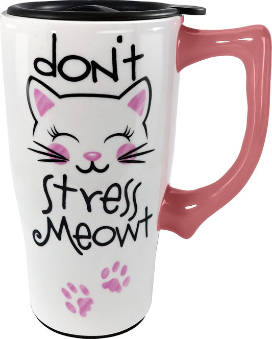 Spoontiques - Ceramic Travel Coffee Mug with Lid and Handle - Spill Proof Lid - Double Walled Mug for Hot and Cold Beverages - Microwave and Dishwasher Safe - Don't Stress Meowt