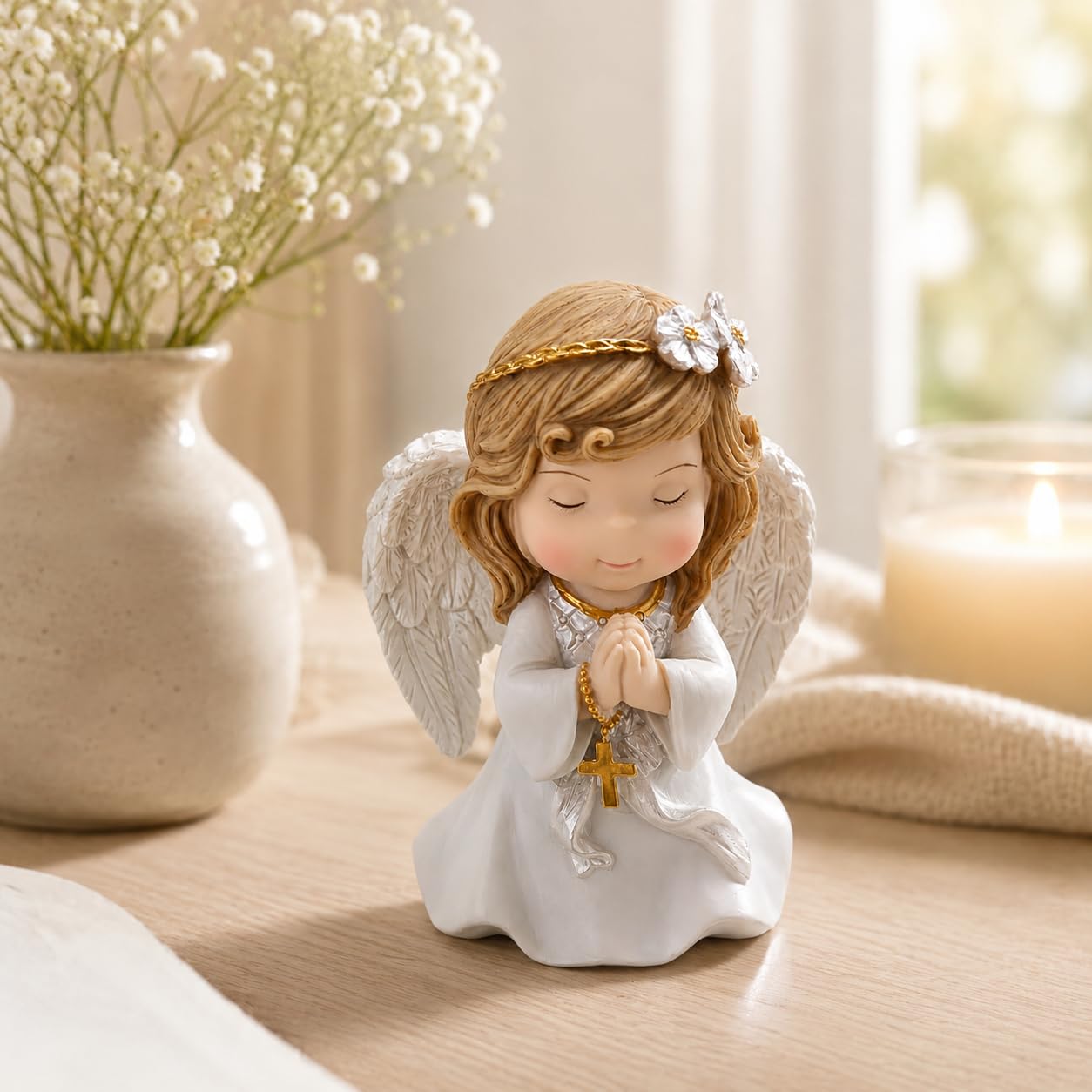 Comfy Hour 5 Inch Catholic Angel Statue, Praying Girl with Gold Cross