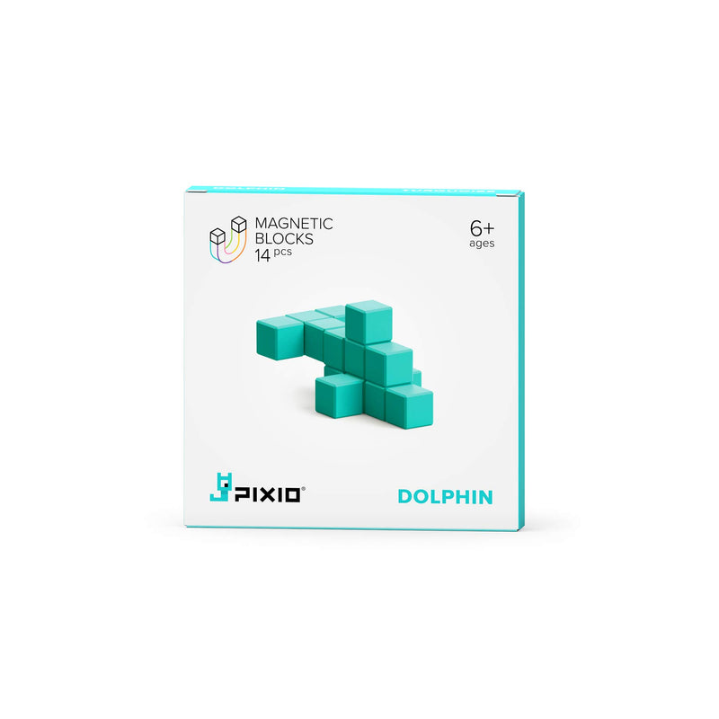 PIXIO Turquoise Dolphin Color Series Magnetic Blocks Construction Set 14pcs with Free App, Stress Relief Building Blocks, Fidget Toys, Pixel Art Desk Toy, Animals Figures