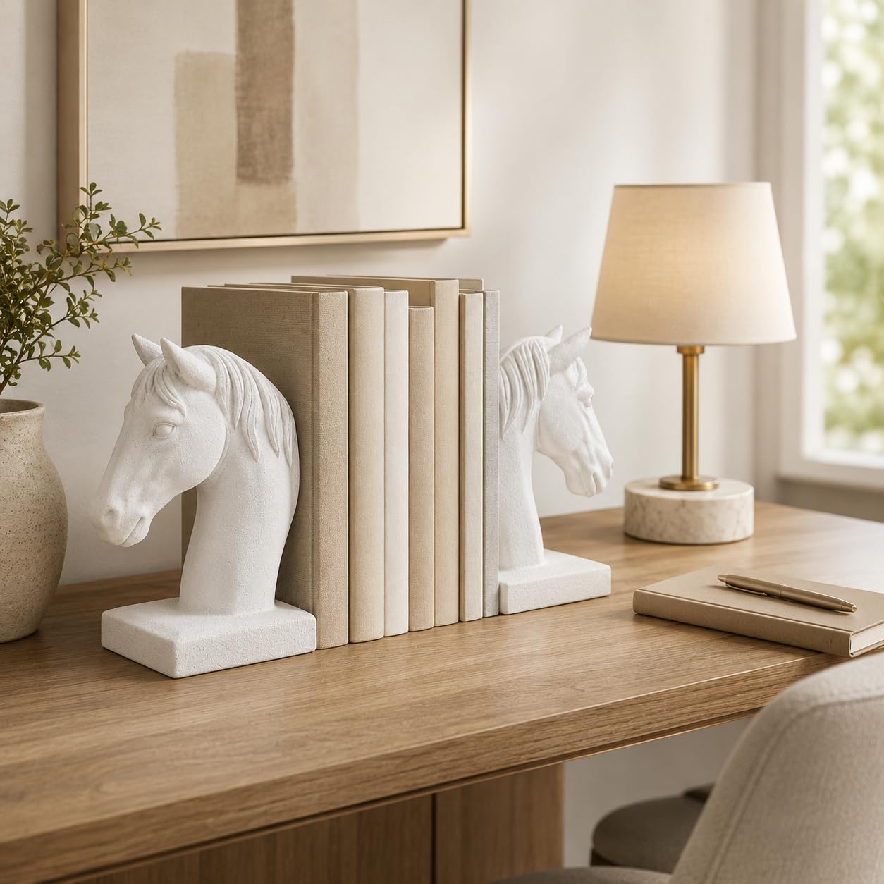 Comfy Hour Farmhouse Home Decor Collection 5" Length 7" Height Set 2 Horse Head Bookends Art Bookend, 1 Pair, Antique Style, Heavy Weight, White, Polyresin