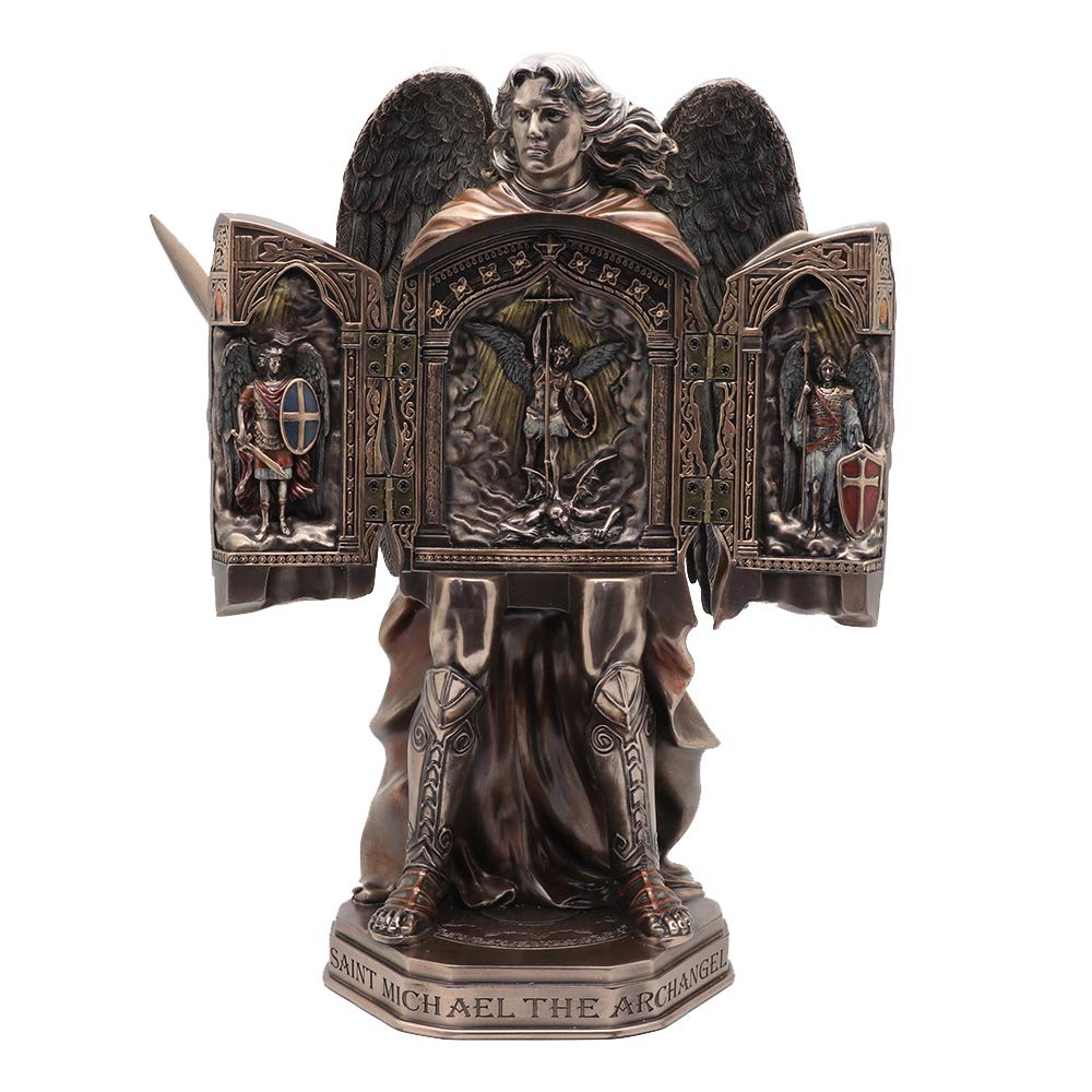 Unicorn Studio Veronese Design 11 3/8" Tall Cold Cast Resin Antique Bronze Finish Armored Archangel Saint Michael Triptych Statue Figurine