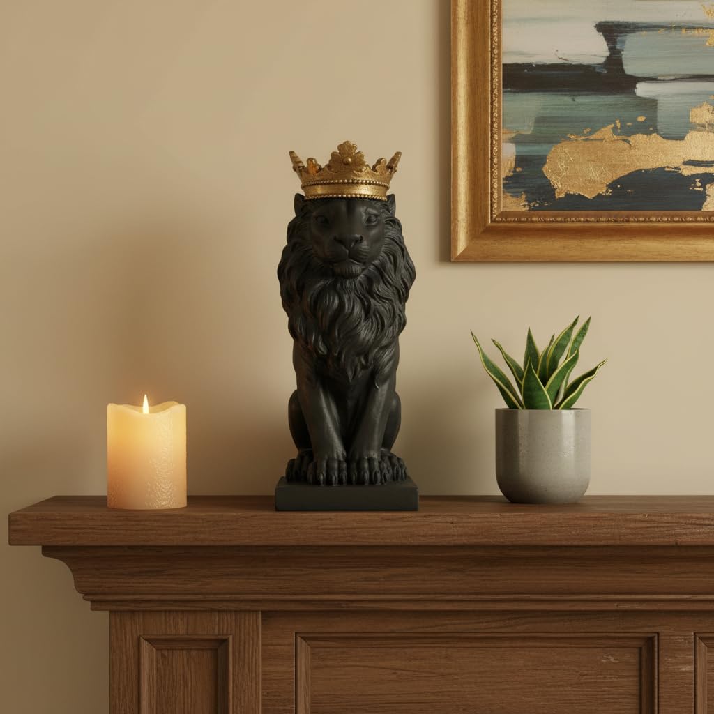 Comfy Hour Farmhouse Home Decor Collection 15" Resin Stone Lion Figurine King of Forest Statue Sculpture Home Decoration, Black & Gold