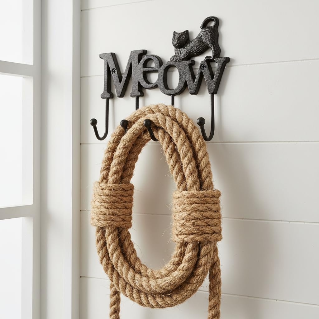 Comfy Hour 6" Cast Iron Cat Meow Four Key Hooks Key Chain Wall Hanger