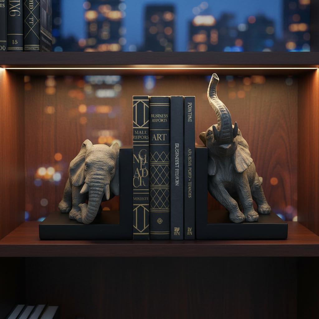 Comfy Hour Our Cute Elephant Friends Collection 12" Length 10" Height Set 2 Elephants Bookends Art Bookend, 1 Pair, Gray and Black, Polyresin