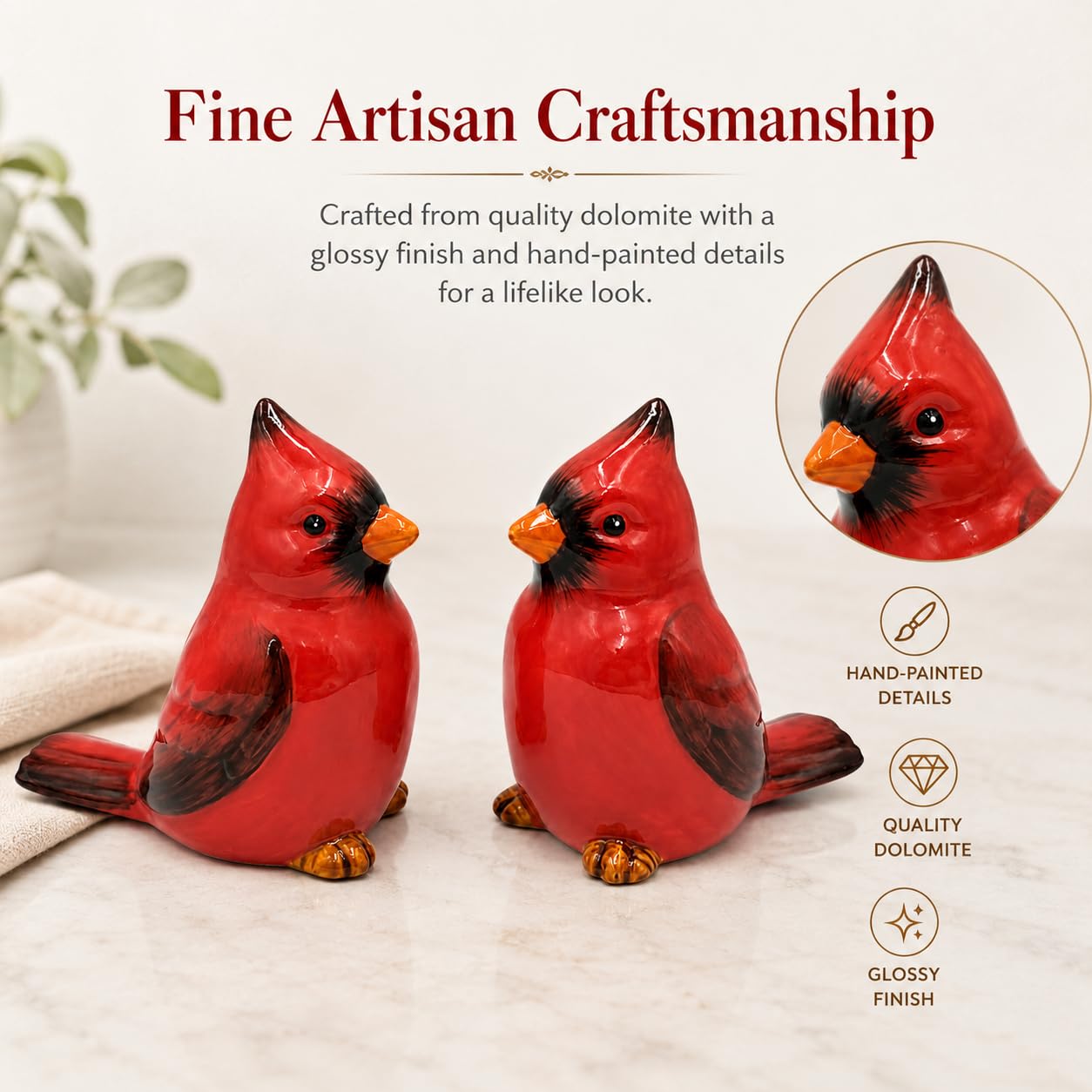 Comfy Hour Farmhouse Home Decor Collection 2.4" Two Red Feather Cardinals Salt and Pepper Bottle Dolomite Figurine, Set of 2, Red