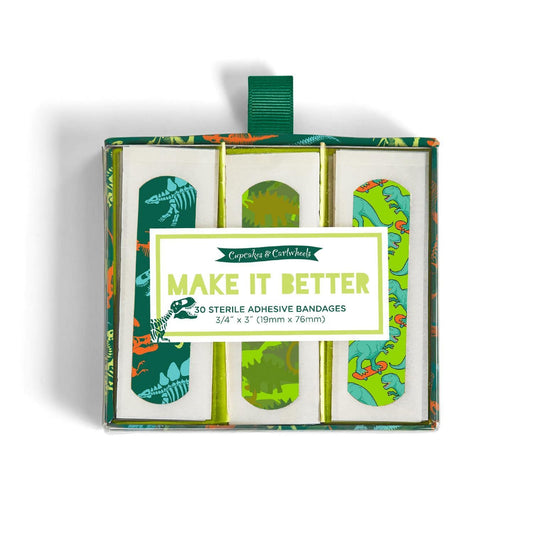 Two's Company 44080 Make it Better 30 Pc Dinosaur Pattern Bandages in Gift Box with 3 Patterns, Plastic, 4.25-inch Width