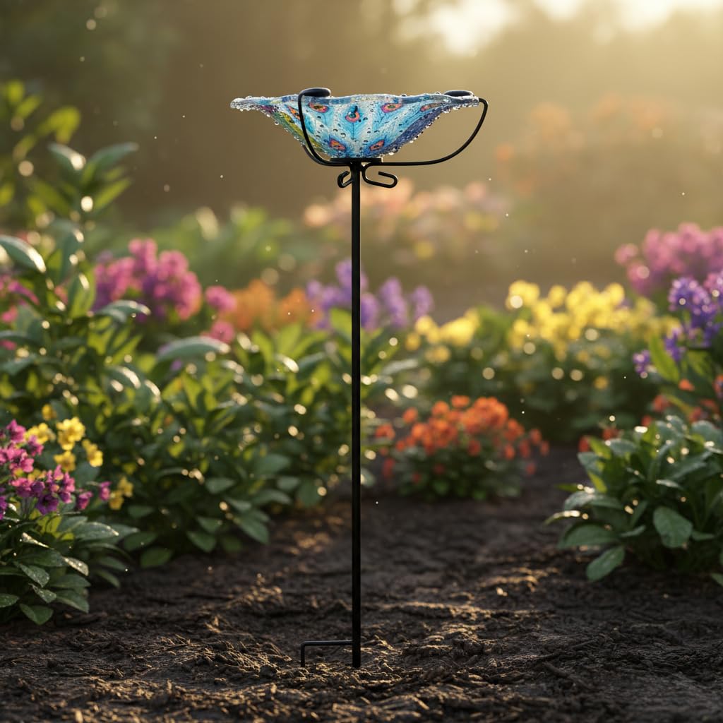 Comfy Hour Peacock Decor Collection 28" Peacock Glass Top Birdbath Birdfeeder Metal Art Garden Stake