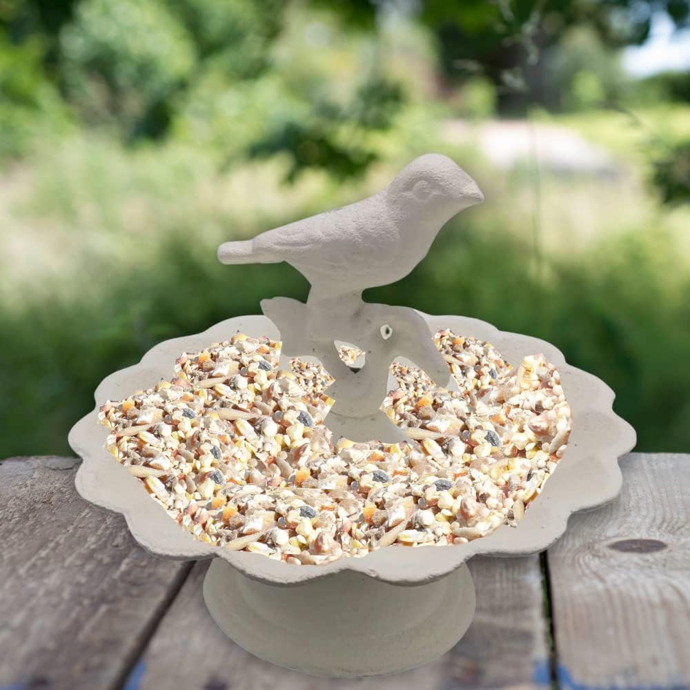 Comfy Hour Bird Meets Garden Bath Collection Solid Pedestal Bird Bath/Feeder with Decorative Bird, Metal, Heavy Duty, White, Recycled, Decorative Gift Idea