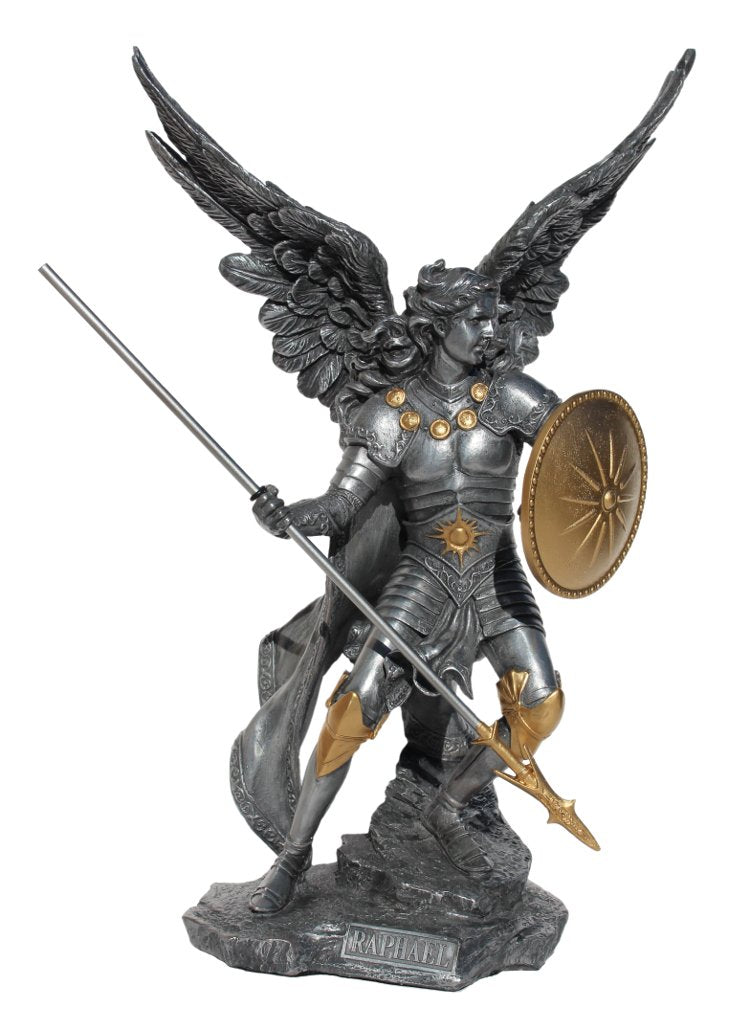 Unicorn Studio Raphael the Archangel Religious Sculpture Figurine Cold Cast Pewter Silver and Gold Tone