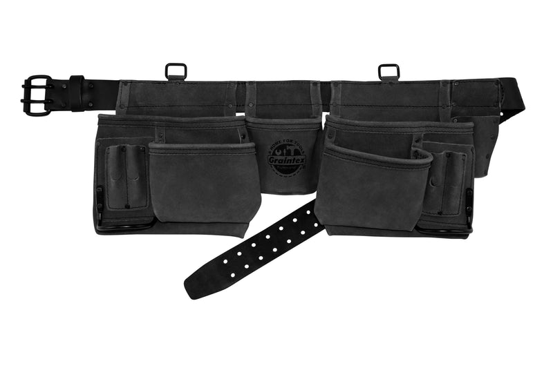 Graintex DS2448 12 Pocket Professional Work Apron Black Color Suede Leather with 2” Leather/Webbing Belt, 2 Hammer Holders for Constructors, Electricians, Plumbers, Handymen