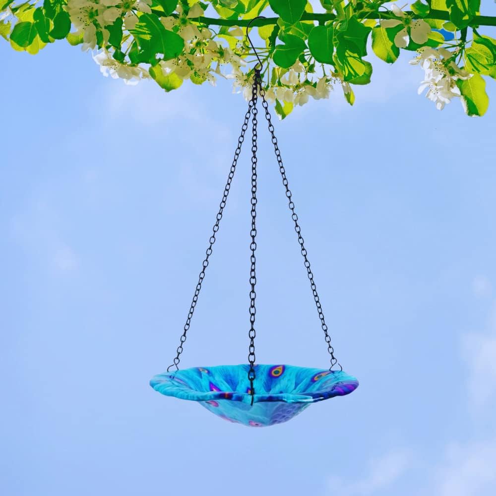 Comfy Hour Peacock Decor Collection 8" Glass Tray Metal Art Peacock Plate Hanging Bowl Bird Feeder Birdbath, Total Height 17" Including Chain