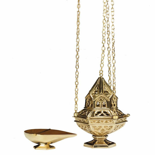 Christian Brands Autom Sacred Vessel 10" Brass Ornate Censer on 36" Chain with Incense Boat Set