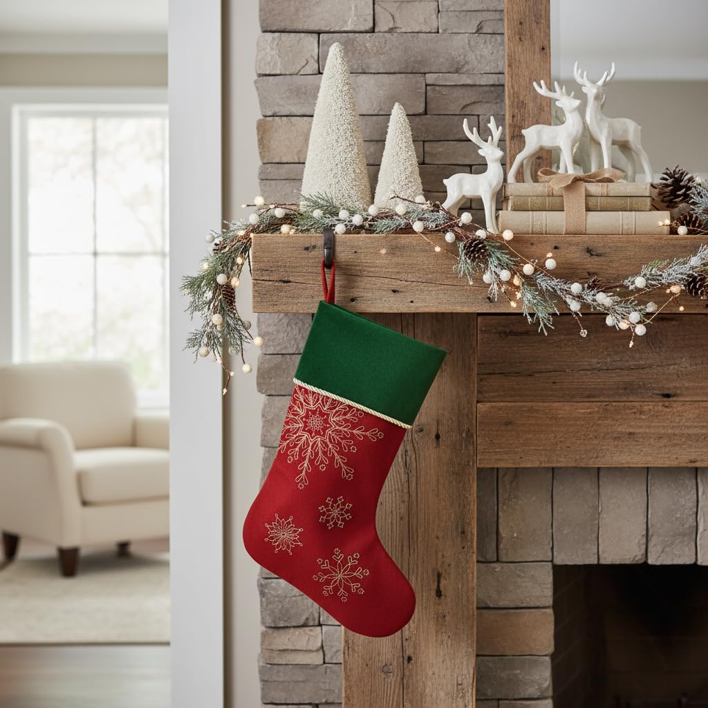Comfy Hour Winter Holiday Home Collection 20" Winter Christmas Snowflake Stocking Red, Polyester