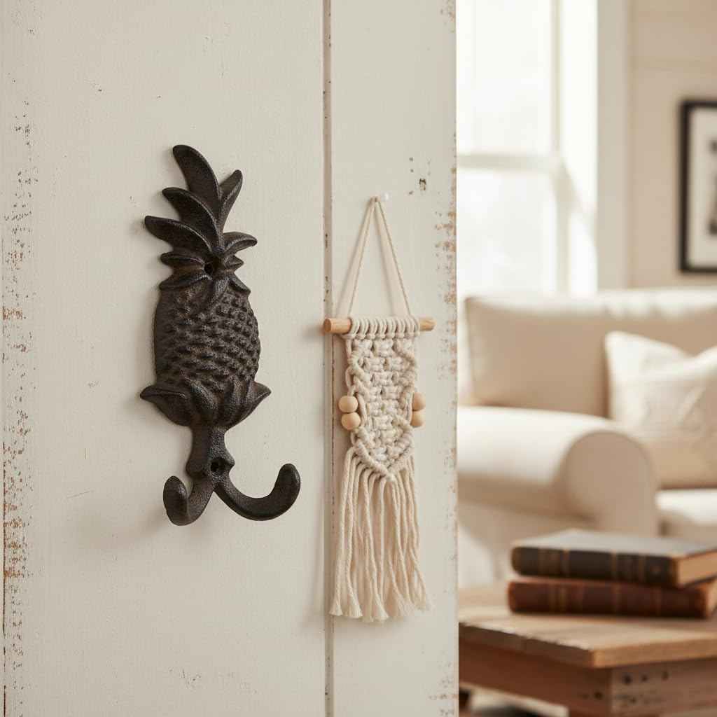 Comfy Hour Antique & Vintage Interior Decor Collection Cast Iron Pineapple Double Key Coat Hooks Clothes Rack Wall Hanger Heavy Duty Recycled Gift Idea