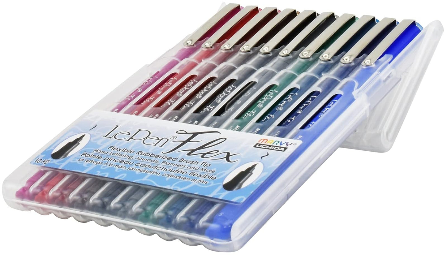 Marvy Uchida Le Flex 10 Piece Set Writing Pen, Primary Colors