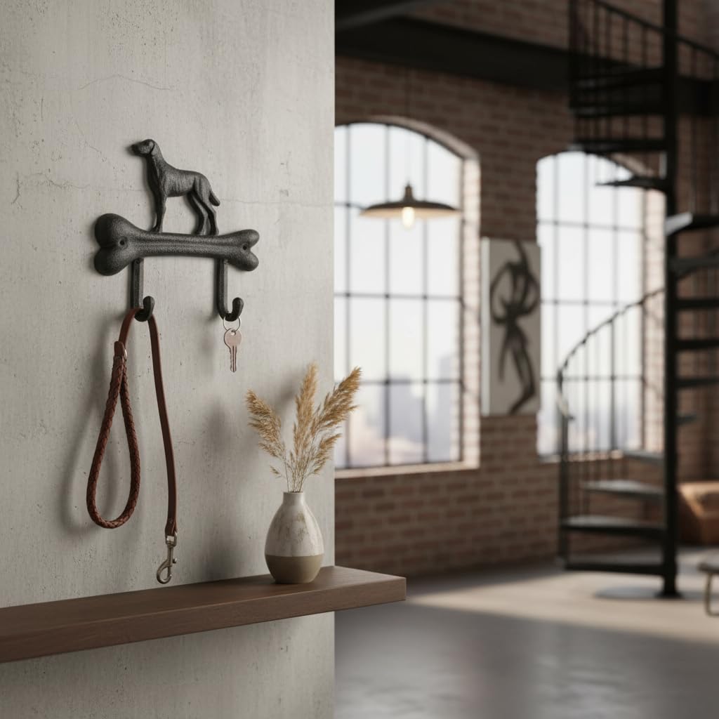 Comfy Hour Cast Iron Dog On Bone Double Key Coat Hooks Clothes Rack Wall Hanger, Heavy Duty Recycled