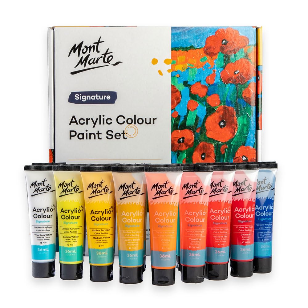 Mont Marte Studio Acrylic Paint Set, 18 Piece, 36ml Tubes. Lightfast Colours with Great Coverage, Ideal for Canvas, Wood, Fabric, Leather, Cardboard, Paper, MDF and Crafts.