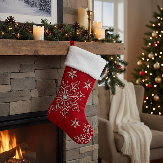 Comfy Hour Winter Holiday Home Collection 18"x11" Christmas Winter Snowflake Stocking, Red, Polyester