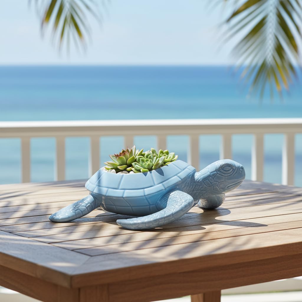 Comfy Hour Farmhouse Home Decor Collection 9" Turtle Succulent Planter Flower Bud Pot Mini Decorative Vase, Blue, Dolomite