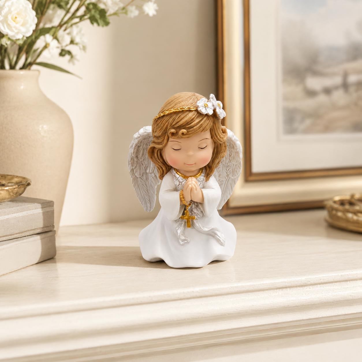 Comfy Hour 5 Inch Catholic Angel Statue, Praying Girl with Gold Cross