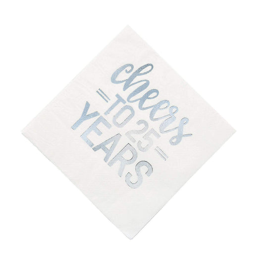 Unique Industries Unique 25th Anniversary 'Cheers to 25 Years' Lunch Napkins 6.5", 16 Ct, Silver and White (72561)