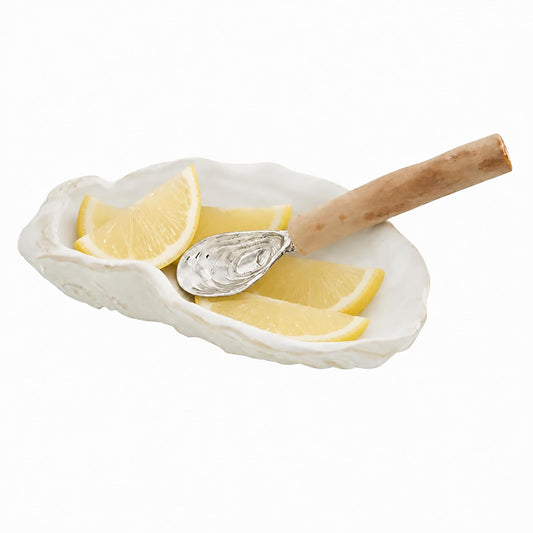 Mud Pie OYSTER SHAPED DIP SET, 6 1/2" x 4 1/4" | Spoon 5 1/2", White