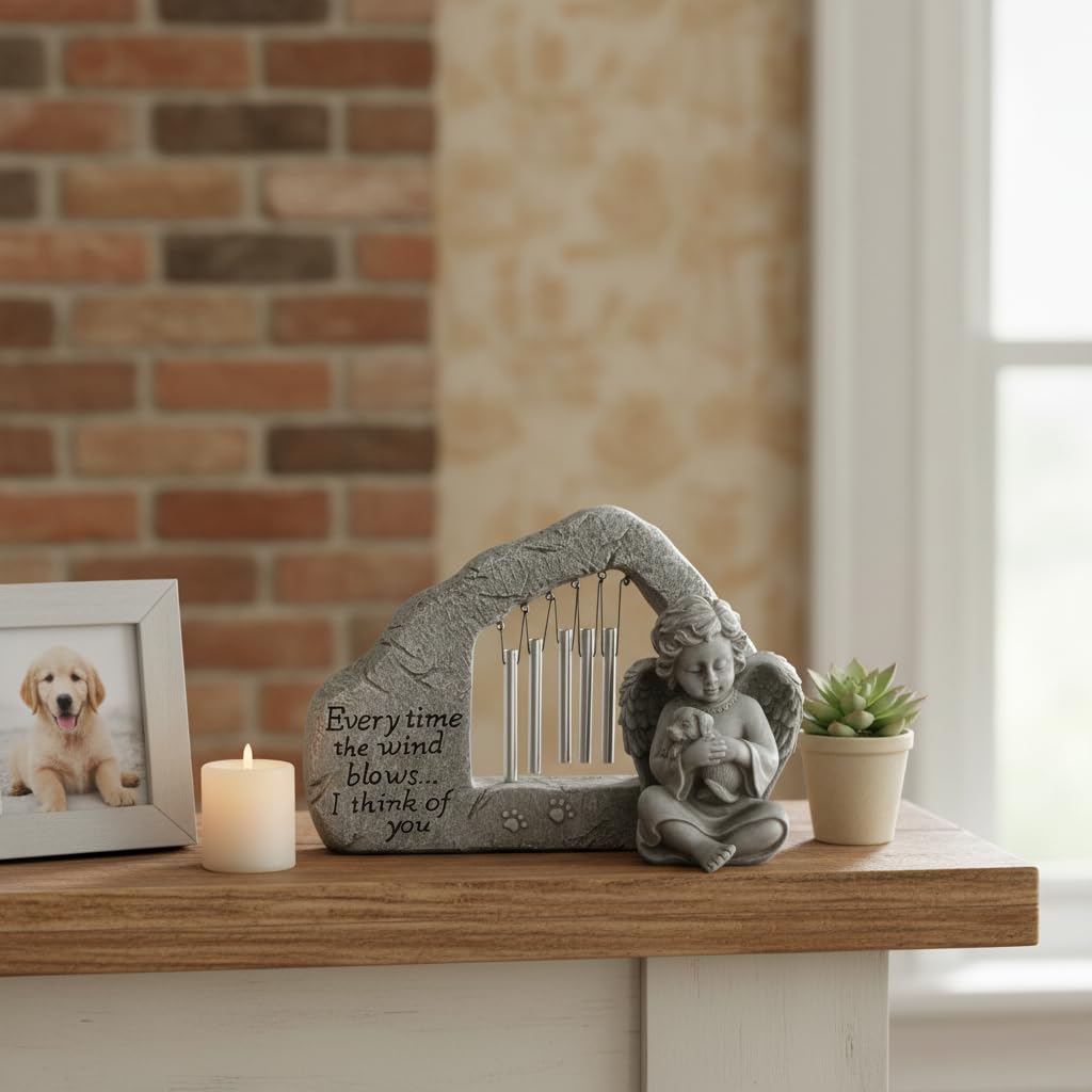 Comfy Hour Pet In Loving Memory Collection Resin Memorial Stone Windchime Dog and Angel Pet Statue, Faithful Memory of Dog's Bereavement
