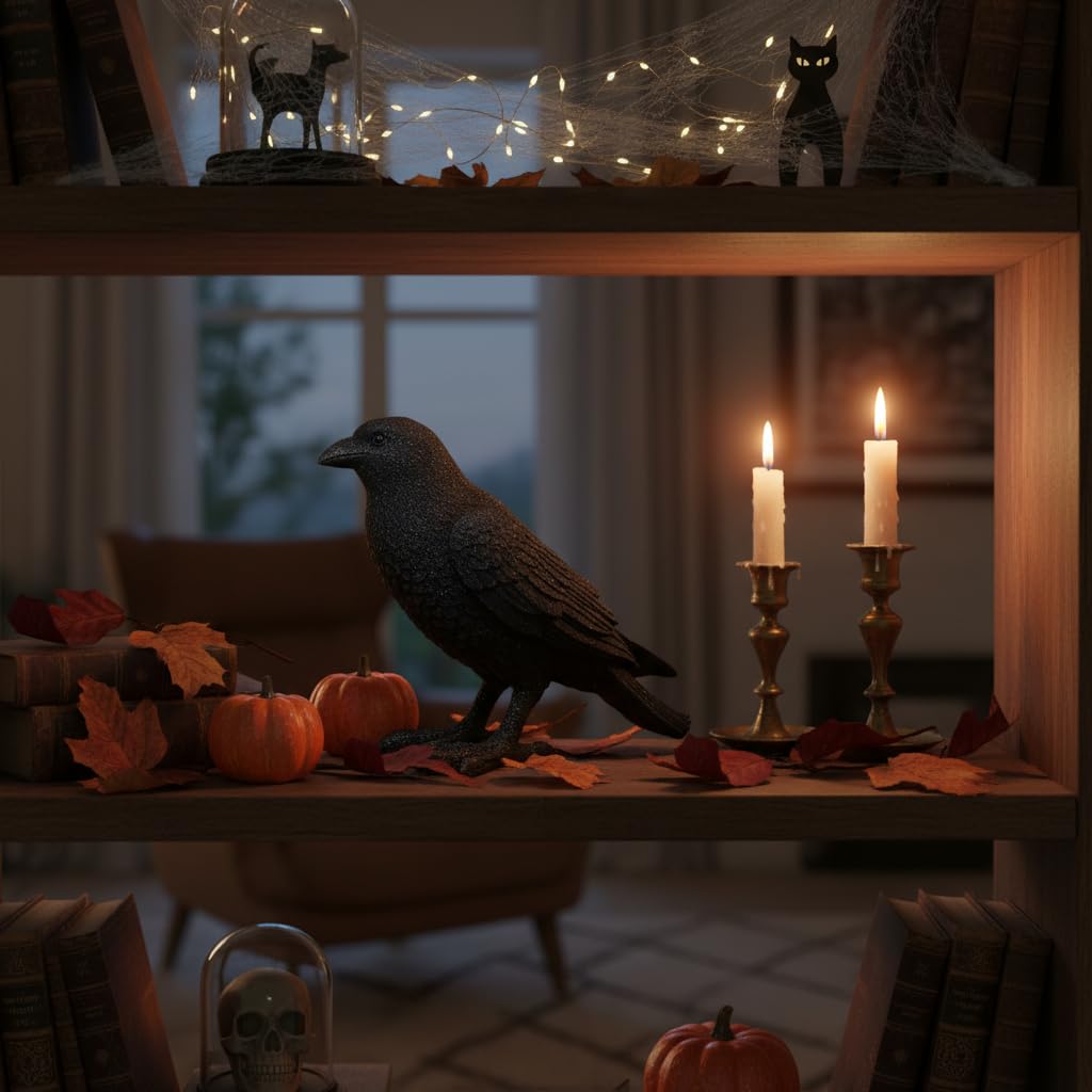 Comfy Hour Fairyland Collection 7" Black Feather Standing Crow Bird Halloween Decorative Figurine, Black, Polyresin